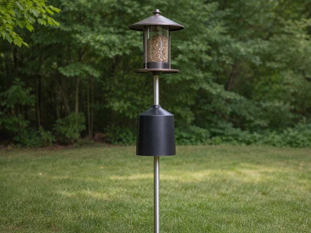 Squirrel-proof bird feeder on a smooth pole with a fitted baffle, mounted above reach.