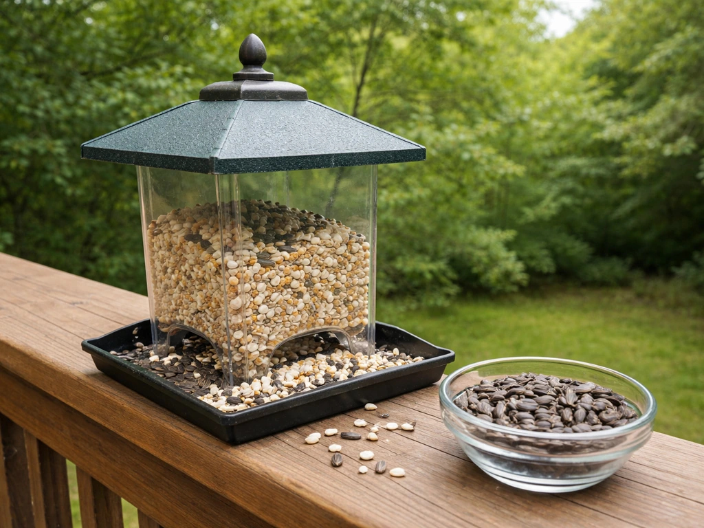 Backyard bird feeder with visible safflower seeds, plus a small dish of mixed seed nearby.