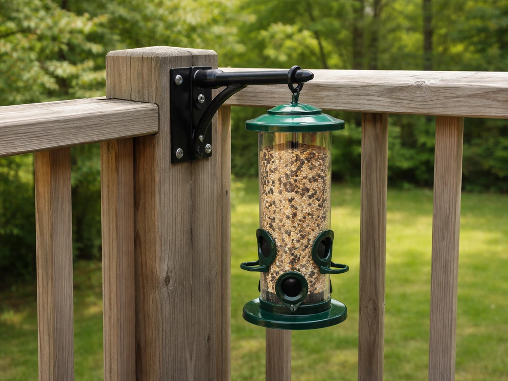 Bird feeder securely mounted to a wooden deck railing with safe mounting hardware.