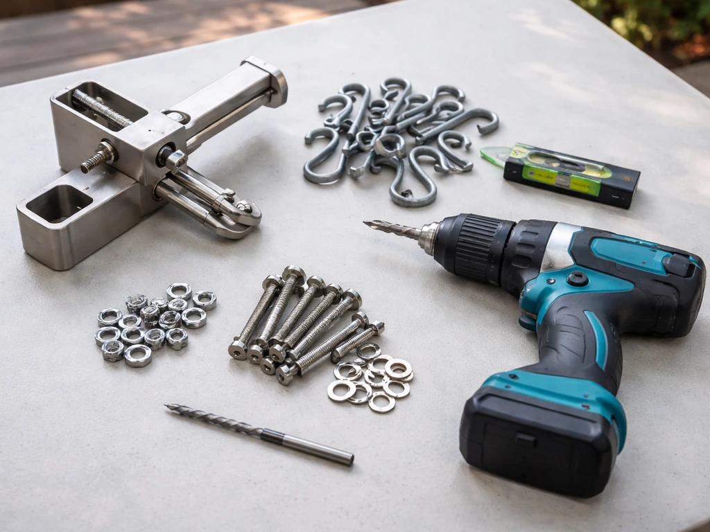 Deck railing mounting tools laid out: clamp/bracket, J-hooks, level, drill, pilot bit, and locking hardware.