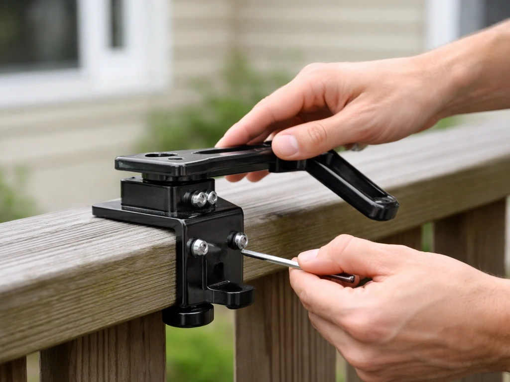 Hands tightening a clamp-style railing mount on a wooden porch rail before attaching the feeder.