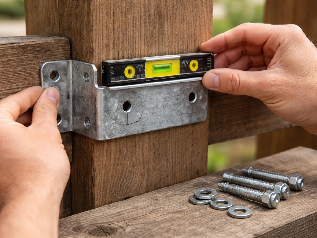 Hands holding a level on a through-bolt bracket on a wooden post, with bolts and washers ready.