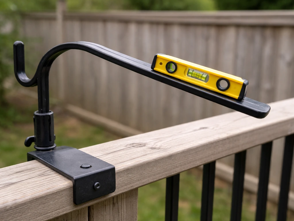 Close-up of a bird feeder arm tilted with a small torpedo level showing it needs leveling
