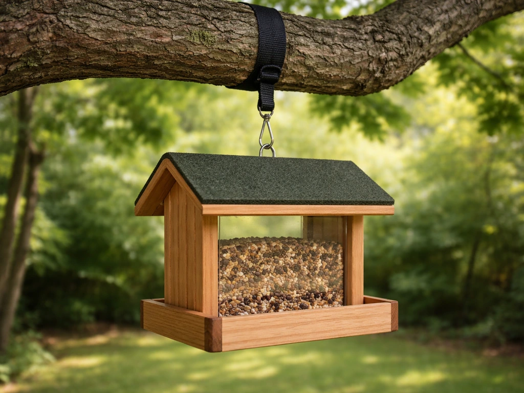 A bird feeder hanging from a tree branch with a visible strap and hook attachment