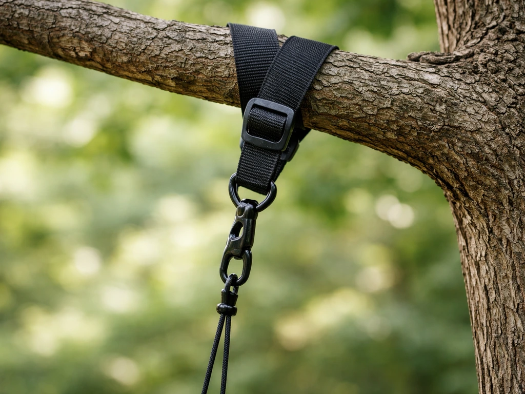 Wide tree strap wrapped around a branch with feeder hardware and buckle attachment visible below.