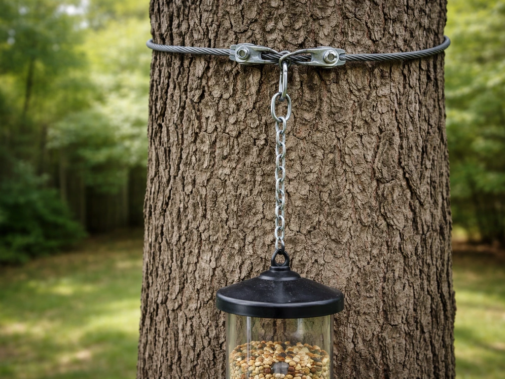 Metal chain and coated wire squirrel-resistant mount on a tree with a hanging feeder.
