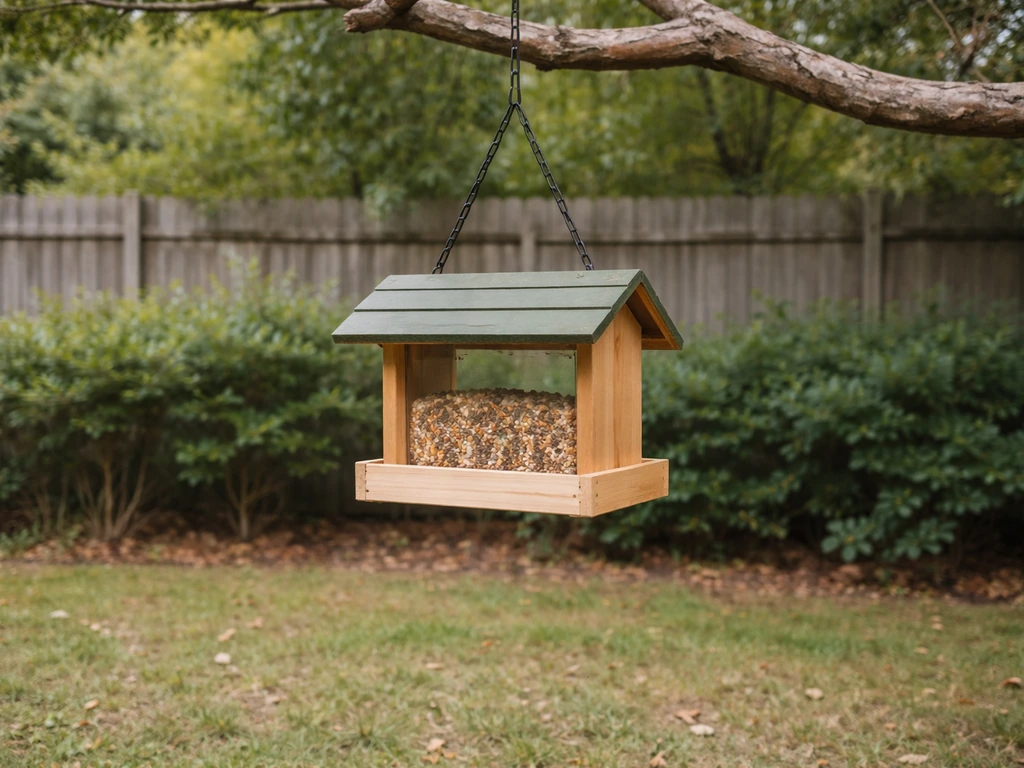 Backyard scene showing a bird feeder hung 5–6 feet high near shrubs for safe, clear visibility.