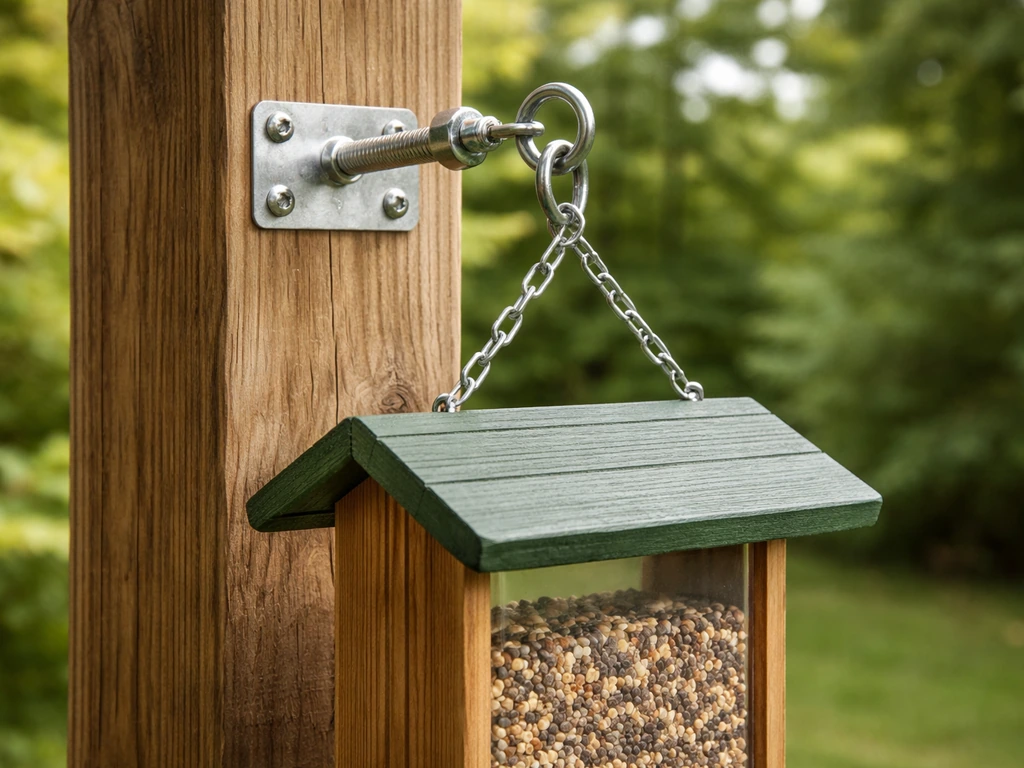 Bird feeder hanging straight from a wooden post with sturdy galvanized hardware, minimal wobble.
