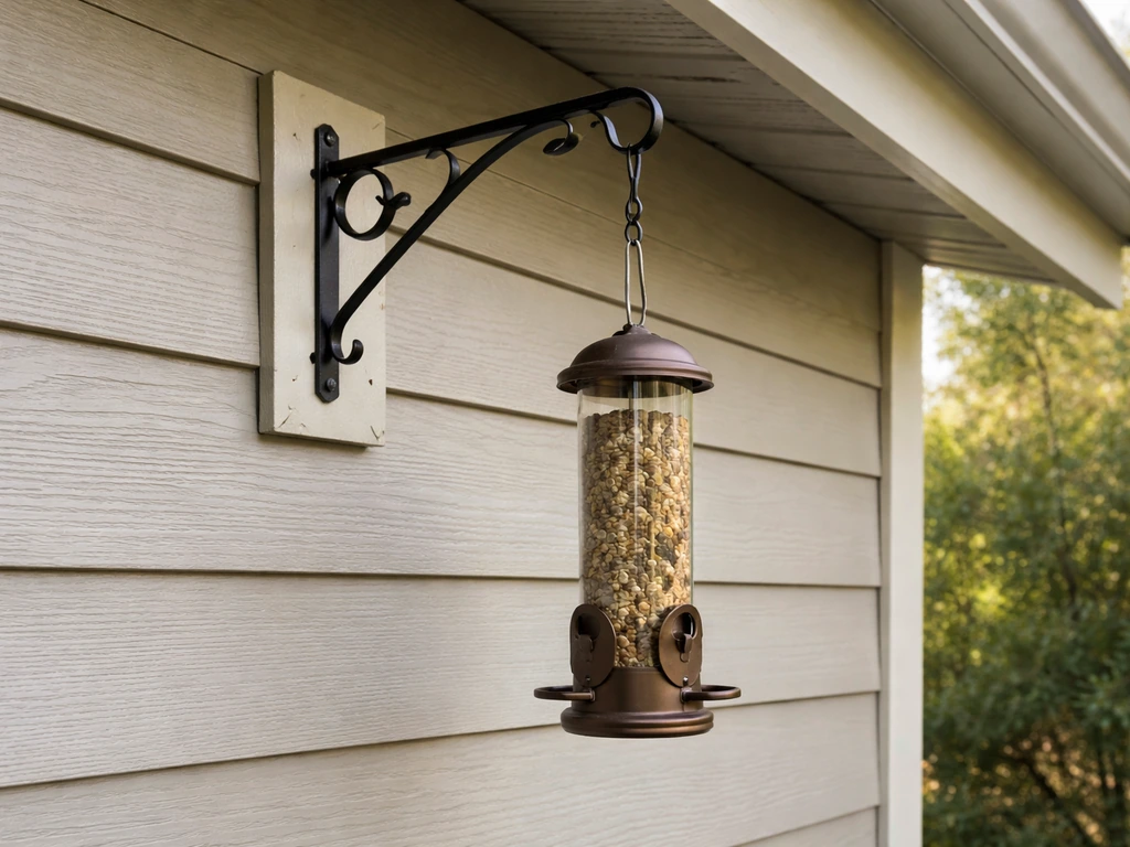 Wood exterior wall with a mounted bracket and an eave hook holding a bird feeder below