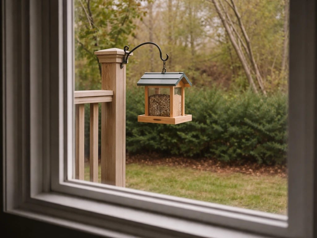 Bird feeder mounted near a window with feeder 3–30 feet away, with nearby shrubs for cover.