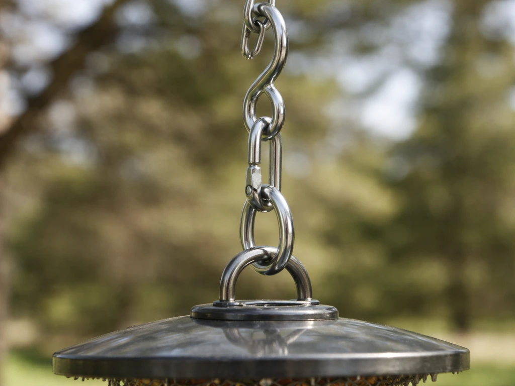 Close-up of outdoor-rated stainless/zinc-plated hook and chain securely fastened to a bird feeder.