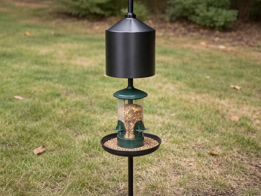 Pole-mounted bird feeder with a squirrel-blocking baffle and seed tray over grass.