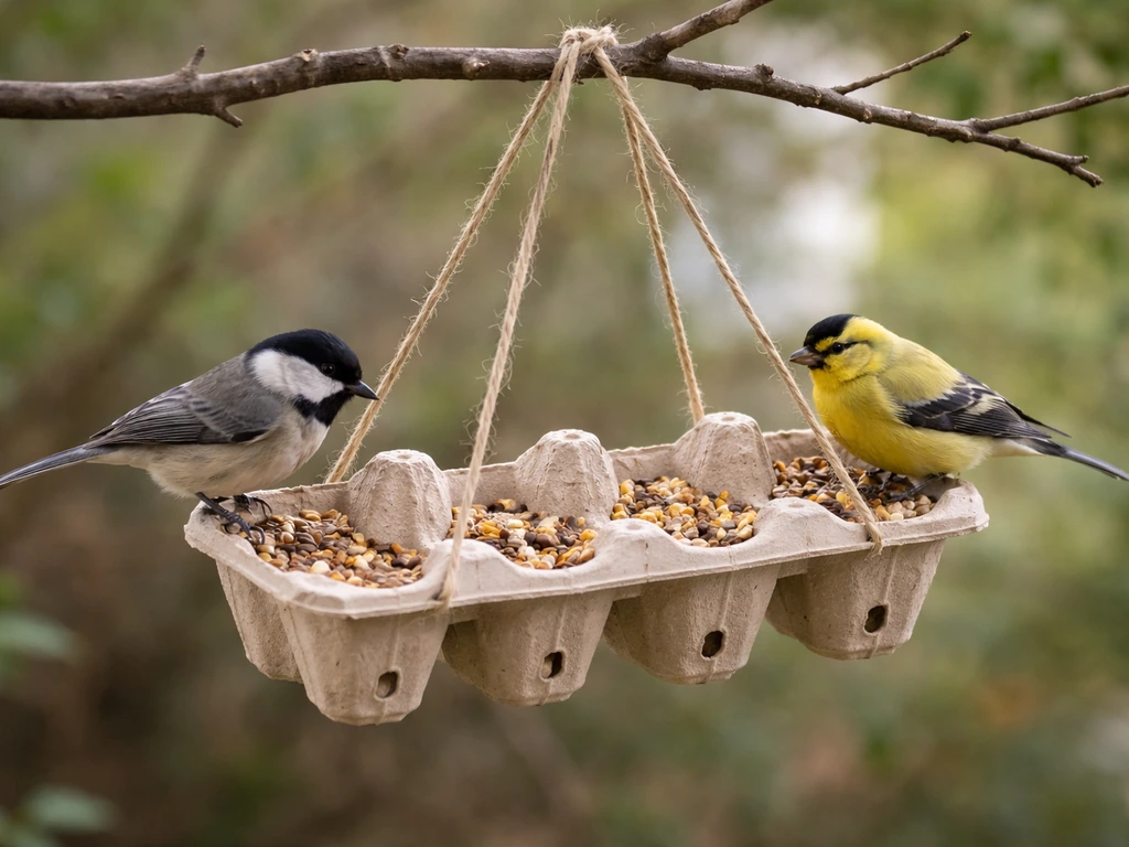 Finished egg-carton bird feeder hanging outdoors, with seed cups visible and birds nearby.