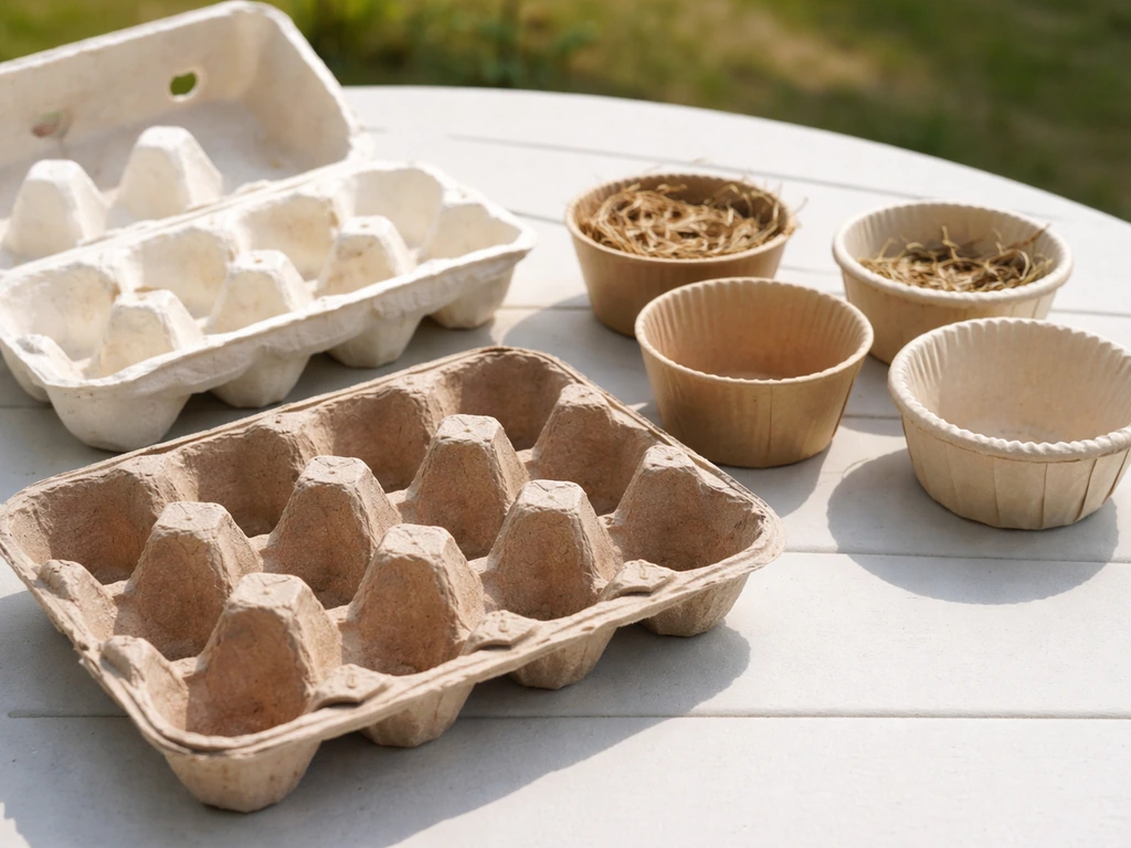 Close-up of a flat plain paperboard egg carton with bird-friendly feeder cups on a table