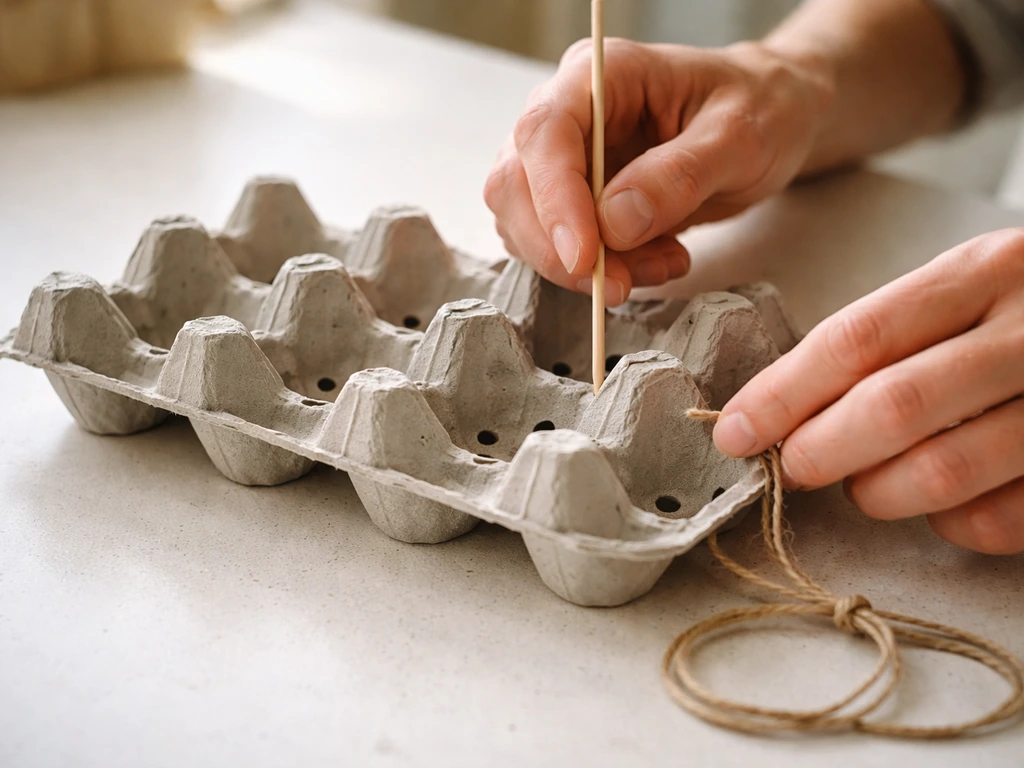 Hands poke small drainage holes in an open egg carton and thread twine to hang it