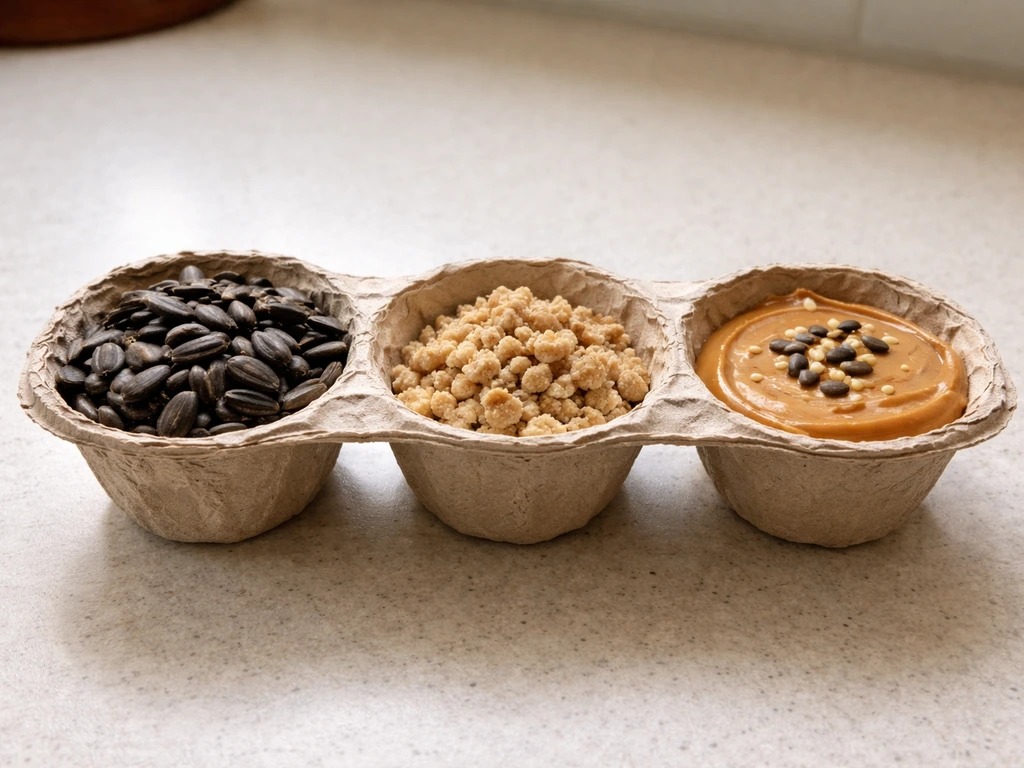 Three egg-carton cups filled with sunflower seeds, suet bits, and a thin peanut-butter spread with a few seeds.