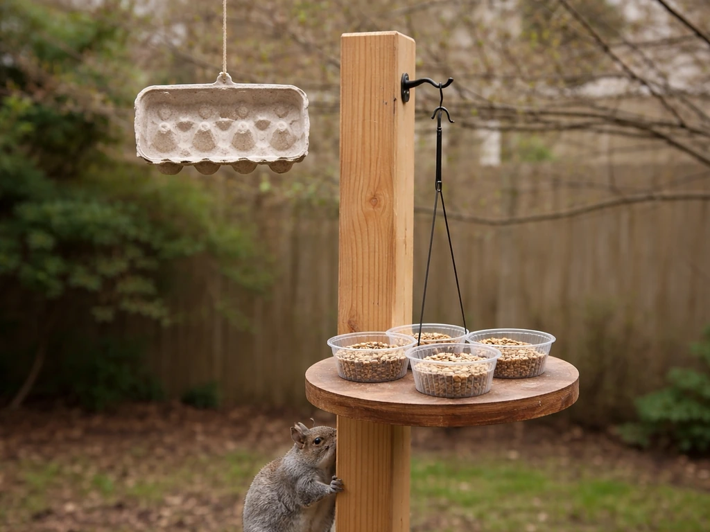 Hanging bird feeder with an egg carton prevented by correct height and distance; clean cups show no pest marks.
