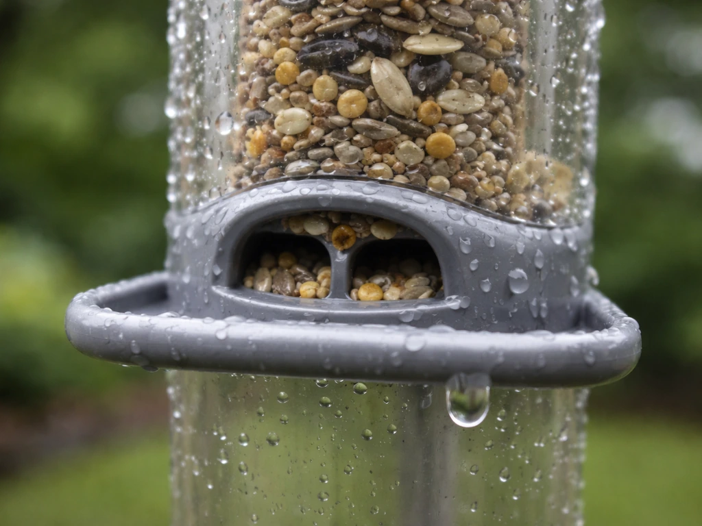 Close-up of a bird feeder’s small seed ports with rain droplets, designed to prevent seed spillage.