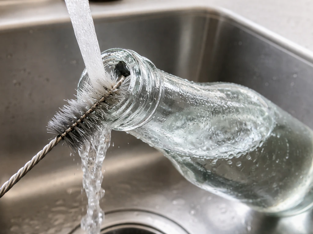 Hot water rinsing a drilled glass wine bottle feeder while a bottle brush scrubs inside edges.