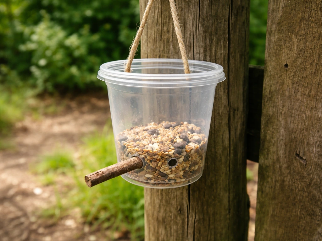 Hanging yoghurt-pot bird feeder outdoors with visible holes and a wooden twig perch.