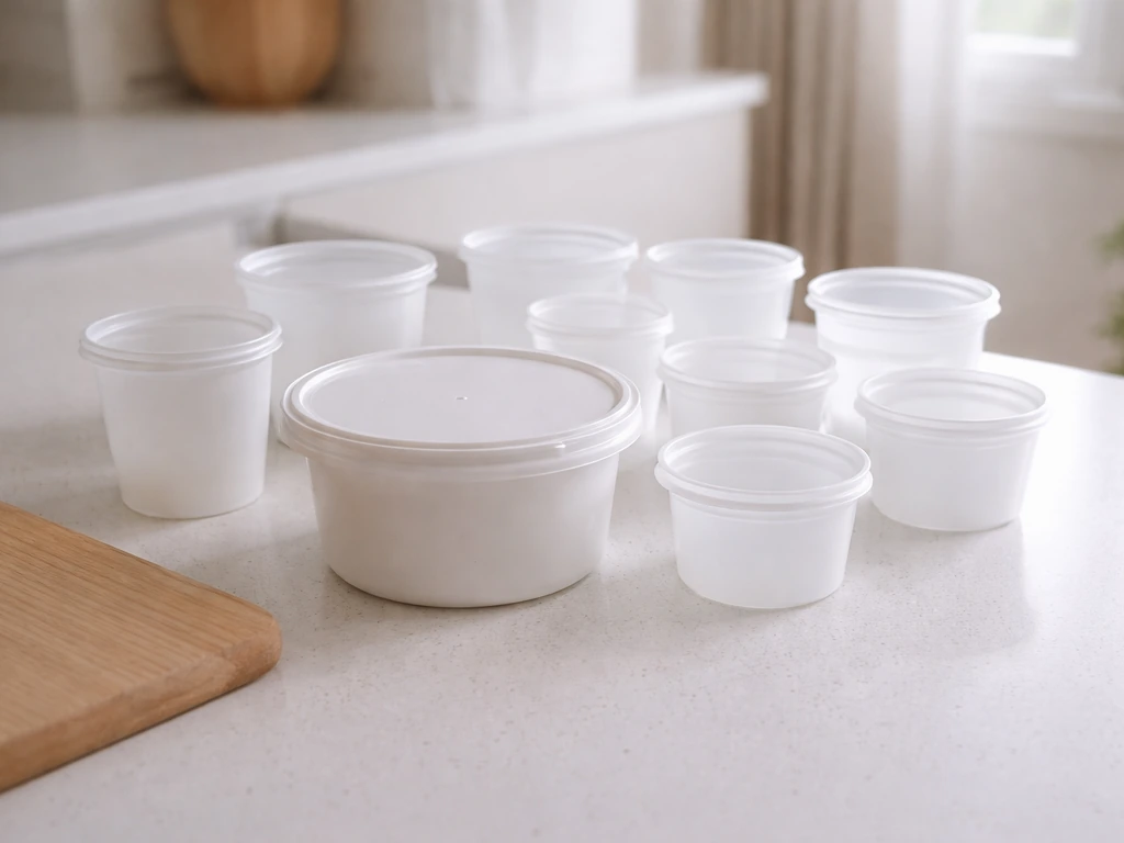 Assorted yoghurt pots on a clean kitchen counter, highlighting a wide flat-lidded tub and a safe setup.