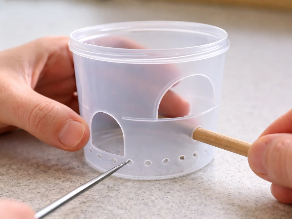 Close-up of a small yoghurt-pot feeder being prepared with drainage holes and a perch opening