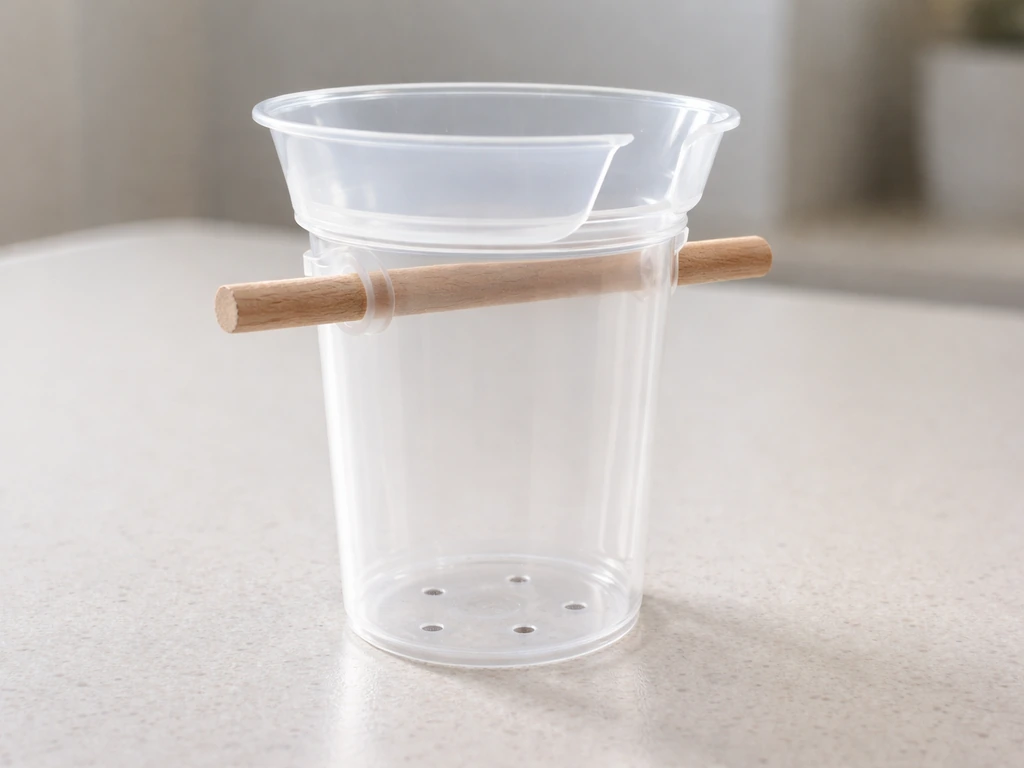 Upright yoghurt pot with open feeding cup, visible drainage holes, and a simple dowel perch