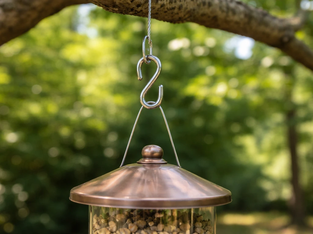 Close-up of a sturdy metal S-hook wire holding a hanging bird feeder from a branch, preventing squirrels from knocking i