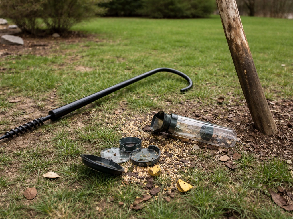 Close-up of a toppled metal post and torn plastic feeder parts in a quiet yard, showing bear damage.