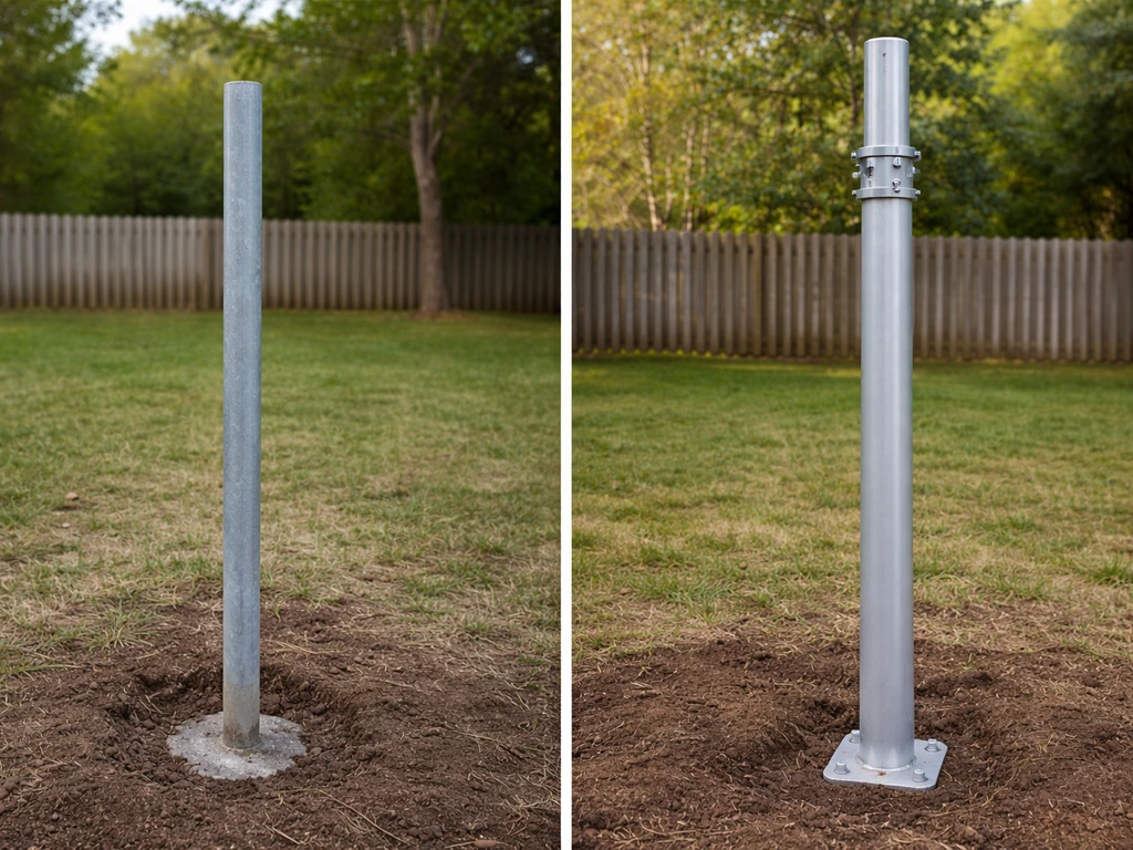 Close-up of two simple fence post designs in a yard: a steel pipe and a taller bear-resistant pole setup.