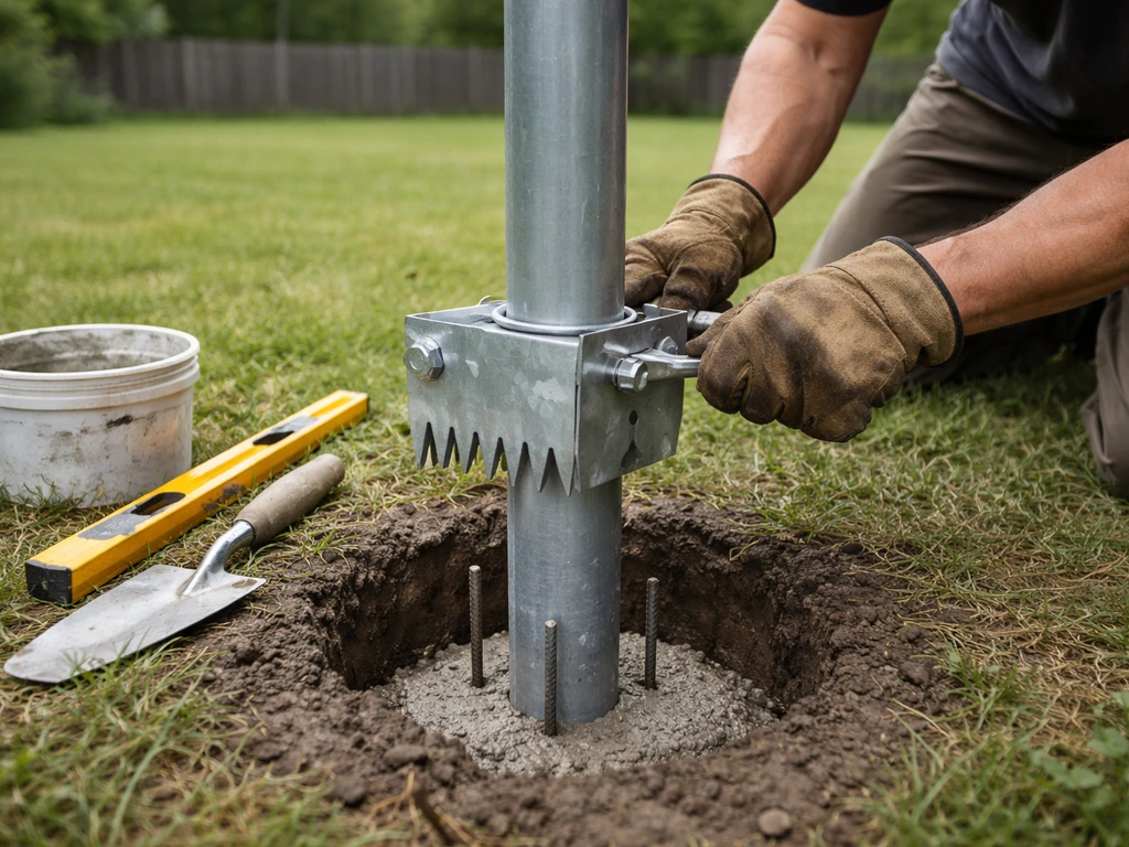 Solo builder tightening bear-proof anti-climb components on a pole in an open yard before concrete curing