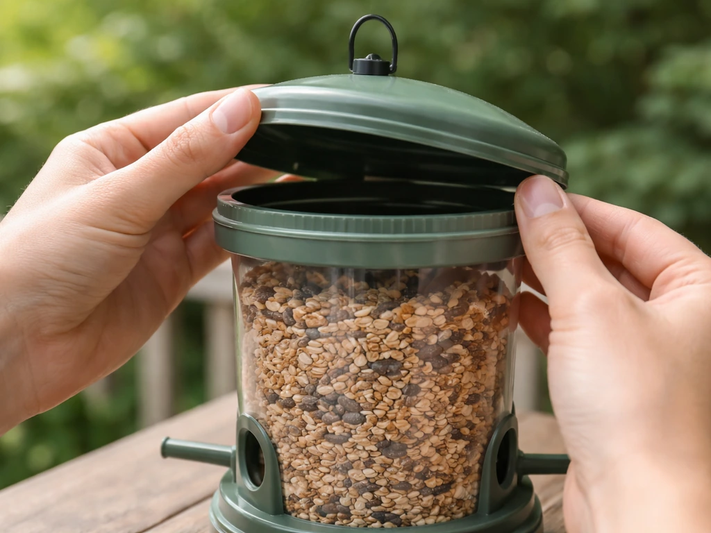 Close-up of hands safely gripping a plastic bird feeder body while starting to open the lid gently