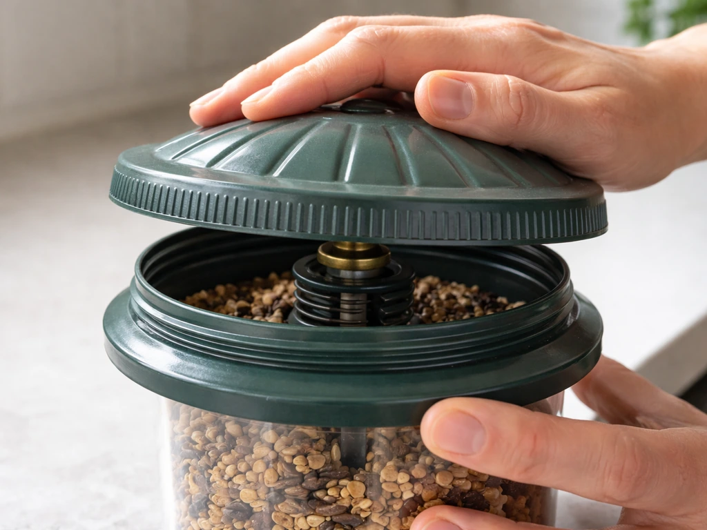 Close-up of an anonymous hand pressing and turning a bird feeder lid to reveal the center post cap.