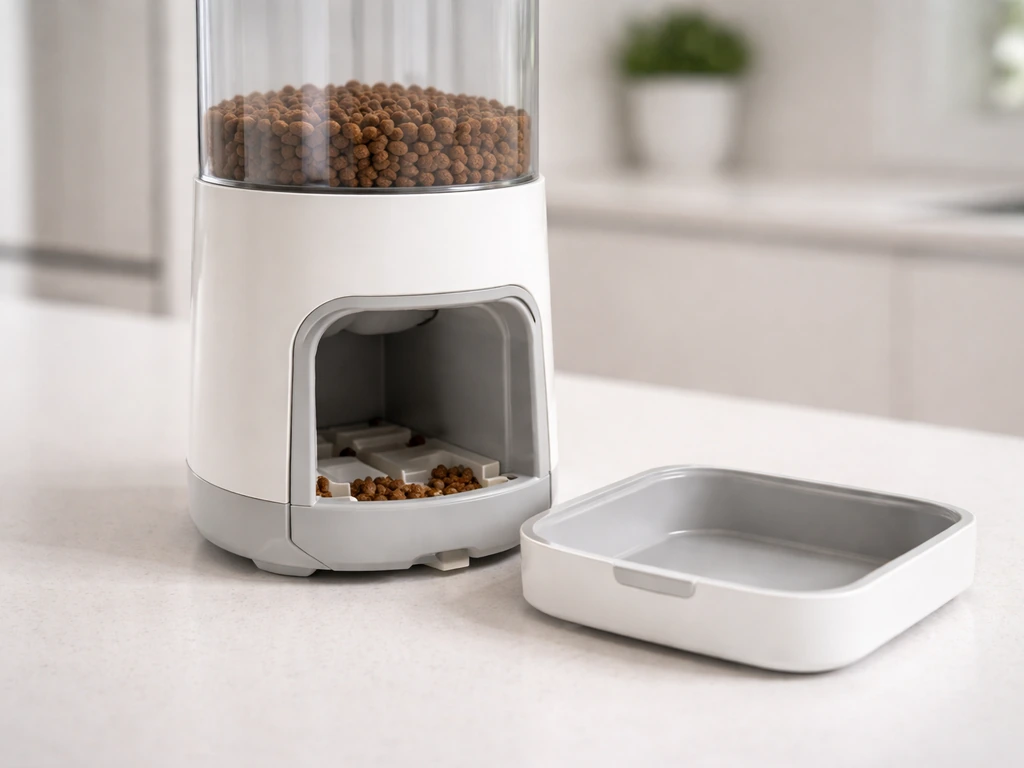 Close-up of a tube feeder with the detachable base tray pulled off, showing side access for cleaning.