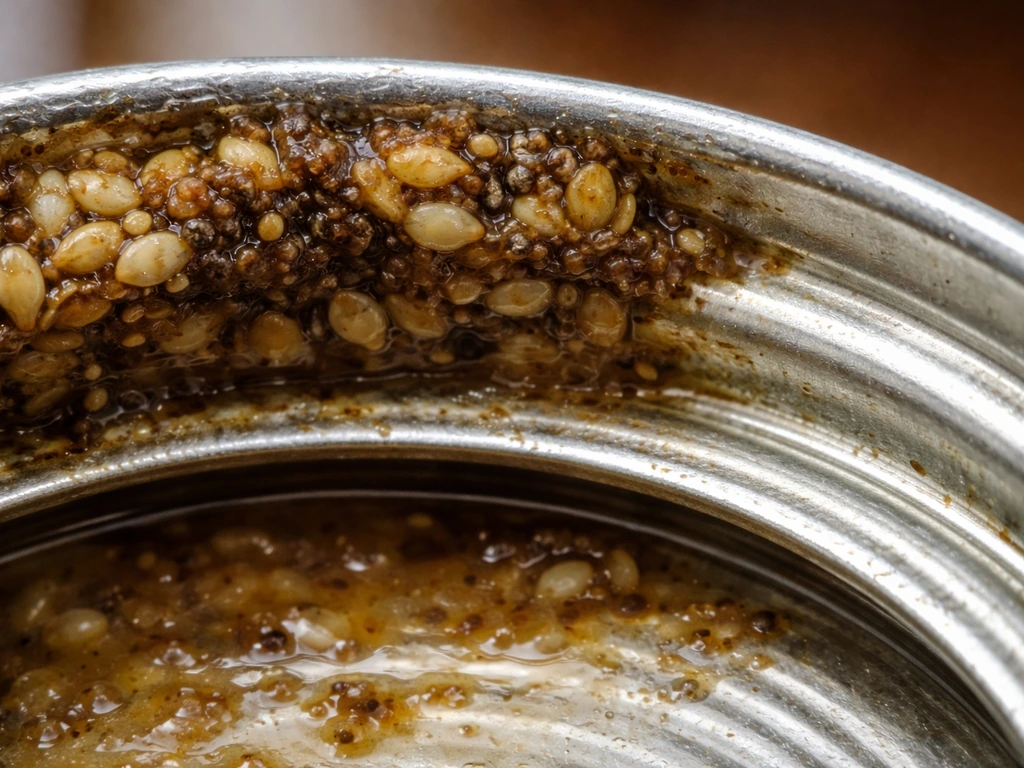 Macro closeup of swollen seeds stuck around a jar lid rim, with a nearby cleaned rim area.