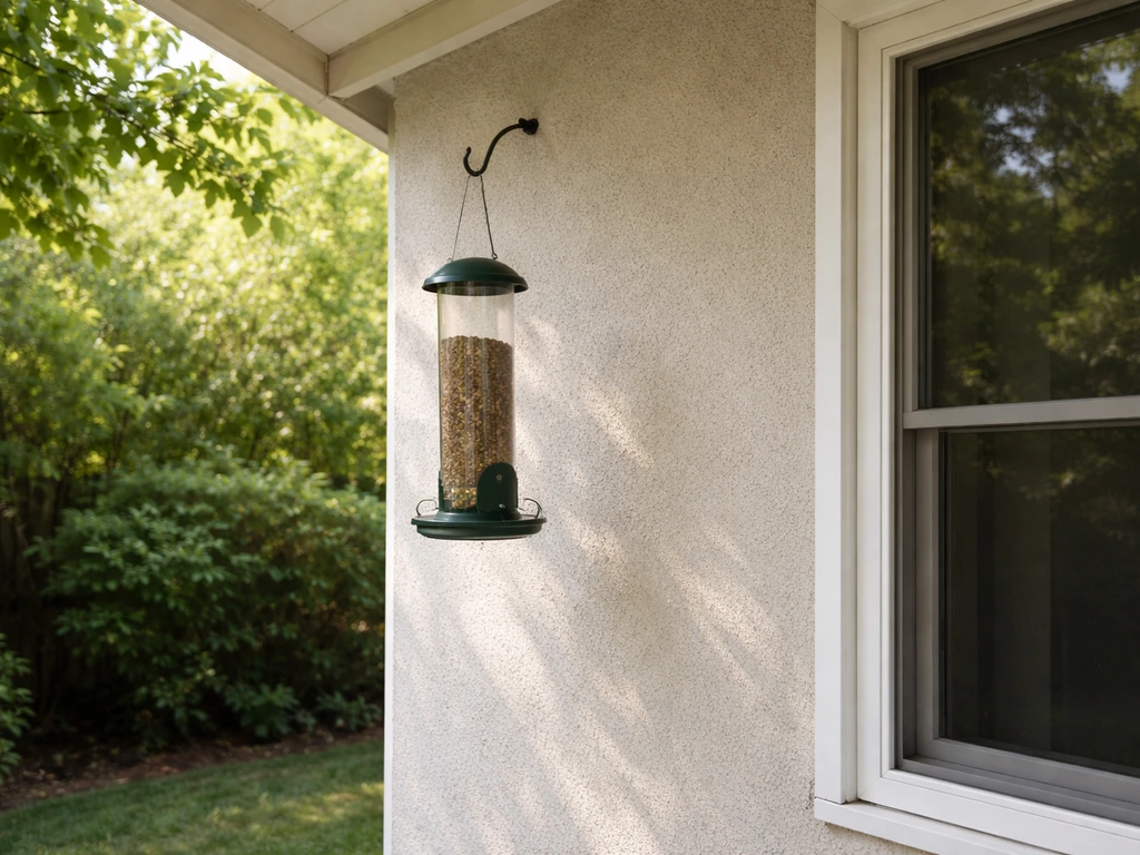 Outdoor bird feeder hung at safe height near a window with clear distance to reduce strikes.