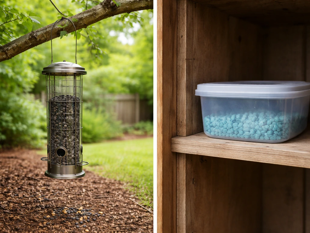 Backyard bird feeder with safe sunflower seeds in contrast to a clearly kept-away harmful item out of reach