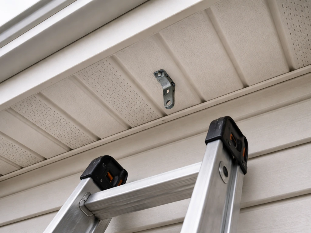 Close-up view of a ladder-setup looking up at soffit underside with rafter-tail lines and a hanging mount point.