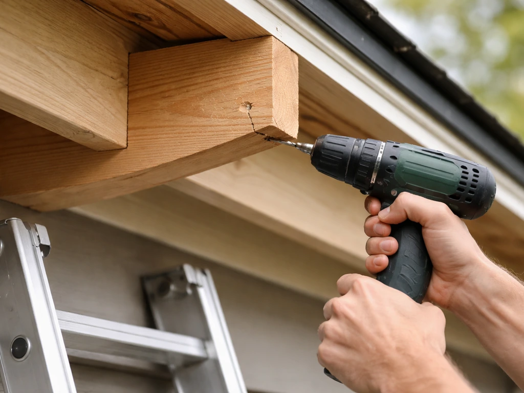 Anonymous hands drilling a vertical pilot hole into a rafter tail under the eaves on a ladder.