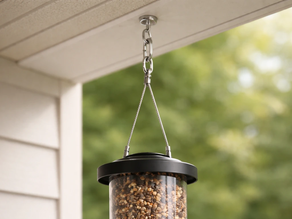 Close-up of a bird feeder hanging from a soffit by braided cable and metal S-hooks, stable and secure.