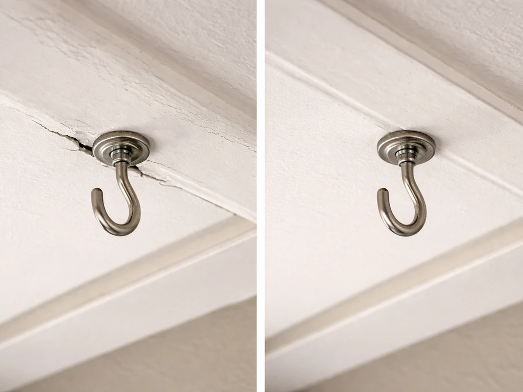 Split close-up of a damaged soffit mount with cracking versus a correct secure mount with intact panel