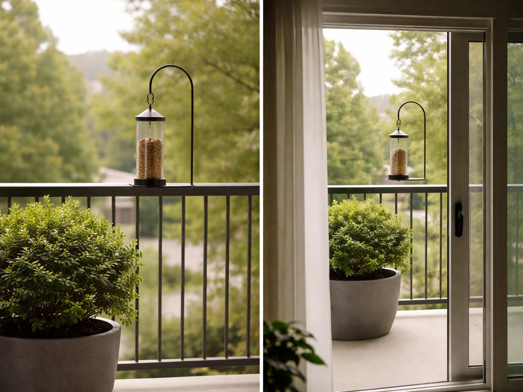 Balcony with a bird feeder, clear flight path, nearby perch, and visible view from inside