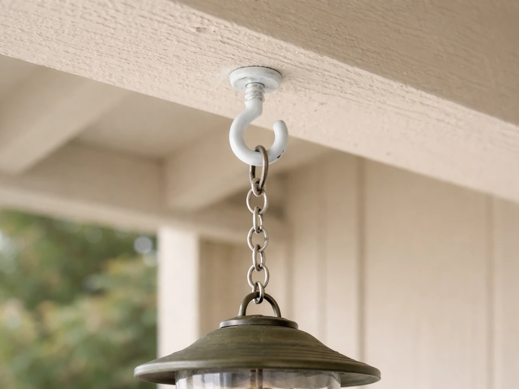 Close-up of a screw-in ceiling beam cup hook with a small feeder hanging from it