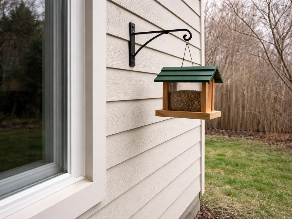 Side view of a backyard bird feeder mounted at least 5 feet high on a wall, away from windows.