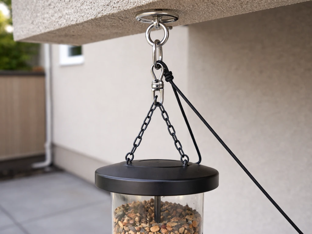 Close-up of a balcony feeder’s secured hanging cord and clips, with the feeder hanging straight outdoors.