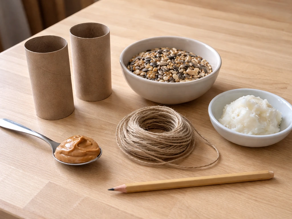 Toilet paper rolls, peanut butter, bird seed, twine, pencil, and lard laid out on a kitchen table.