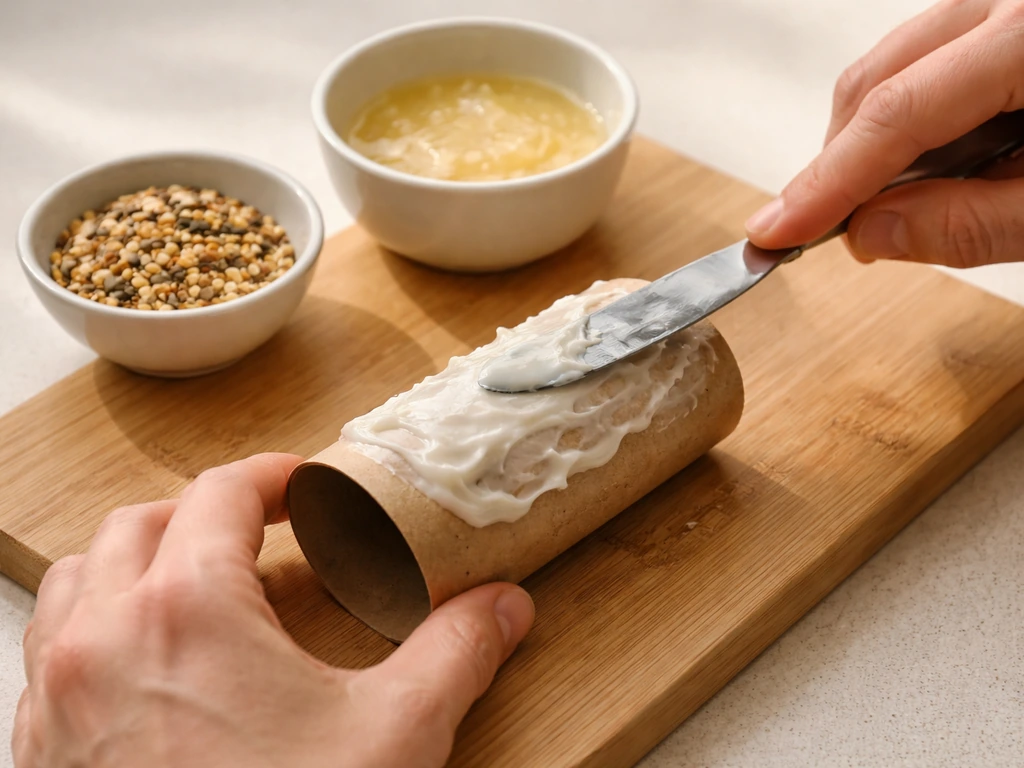 Hand spreading thick lard mixture onto a toilet paper roll bird feeder before sprinkling seeds.