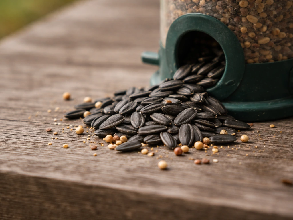 Black-oil sunflower seeds spilling near a bird feeder tube with a few millet and milo grains on wood