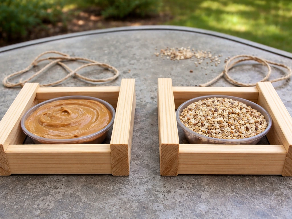 Side-by-side homemade bird feeder setups: one with peanut butter, one peanut-free on a patio table.