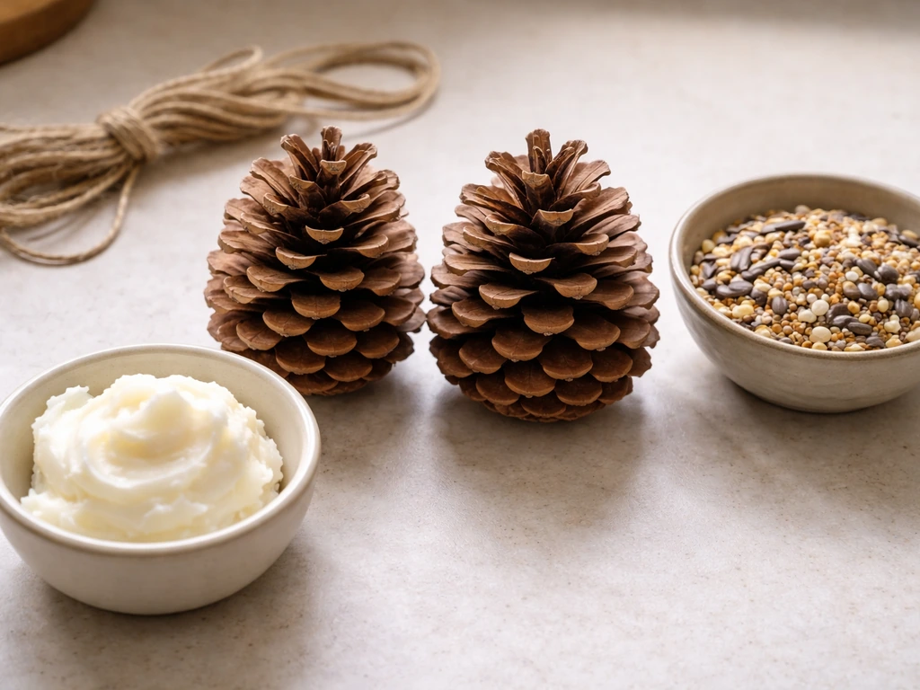 Large pine cones, birdseed mix, and shortening or suet neatly arranged on a kitchen counter